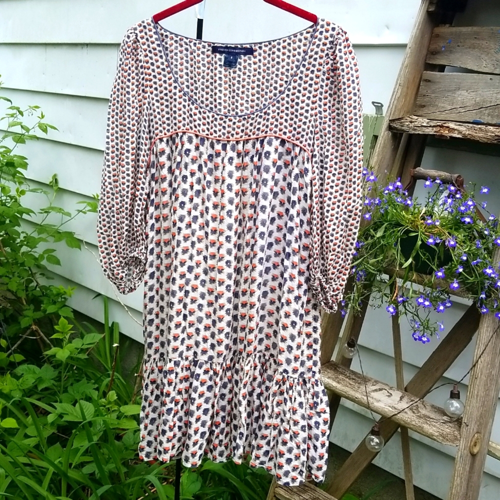 Vintage French Connection Boho Cowgirl Dress Ruffle Block  Print Sz M